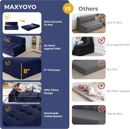 MAXYOYO 8" Folding Sofa Bed, Fold Out Chair Bed, Convertible Floor Sofa Couch, High-Density Foam Tufted Lounge Couch for Living Room Bedroom Dorm, Single, Navy