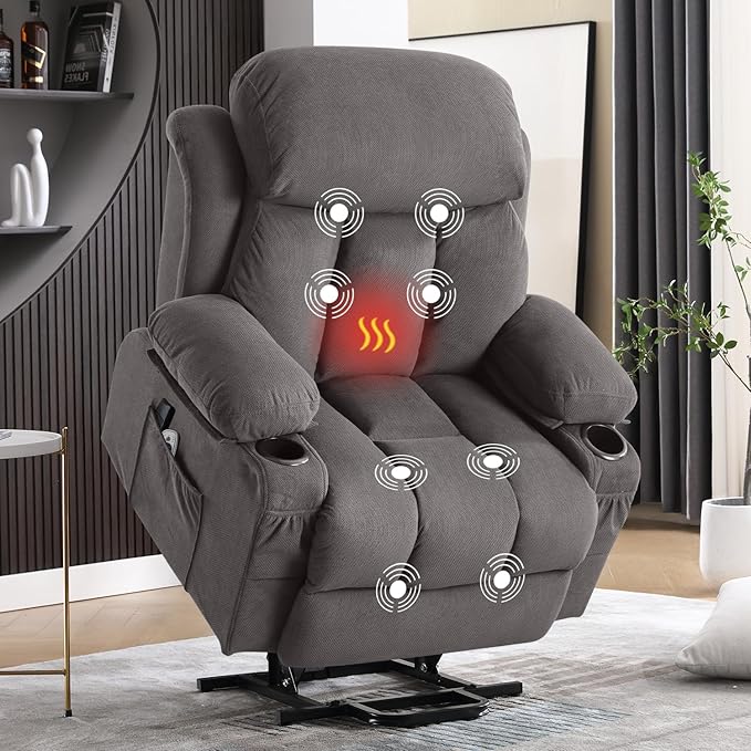 MAHOMICO Power Lift Recliner Chair for Elderly with Vibration Massage and Lumbar Heating, Electric Lift Recliner Single Sofa with Side Pocket, Two Cup Holders and USB Charge Port for Living Room