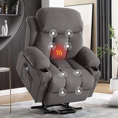 MAHOMICO Power Lift Recliner Chair for Elderly with Vibration Massage and Lumbar Heating, Electric Lift Recliner Single Sofa with Side Pocket, Two Cup Holders and USB Charge Port for Living Room