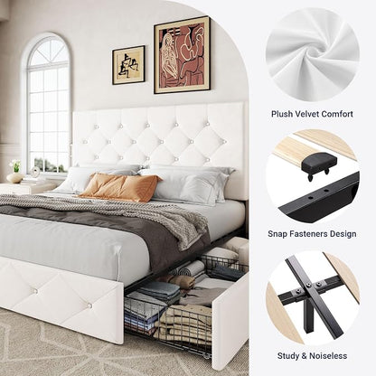 Allewie Upholstered Queen Size Platform Bed Frame with 4 Storage Drawers and Adjustable Headboard, Diamond Button Tufted, Wooden Slats Support, Noise-Free, No Box Spring Needed, Easy Assembly, White