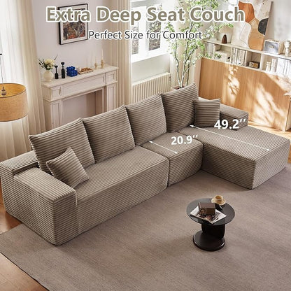 135" Cloud Sectional Couch with L-Shape Chaise, Modern Modular Comfy Sofa Chaise Longue, Upholstered Corduroy Couches Sleeper with Deep Seat for Living Room Bedroom, No Assembly Required, Camel