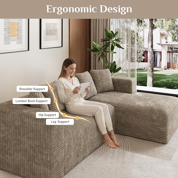 Oversized L Shaped Boneless Sectional Couches for Living Room, 107" Comfy Fluffy Cloud Modular Sectional Sofa, Plush Corduroy Memory Foam Floor Sofa with Right Facing Chaise Couch