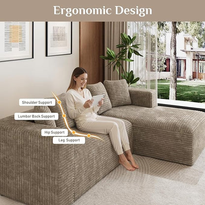 Oversized L Shaped Boneless Sectional Couches for Living Room, 107" Comfy Fluffy Cloud Modular Sectional Sofa, Plush Corduroy Memory Foam Floor Sofa with Right Facing Chaise Couch