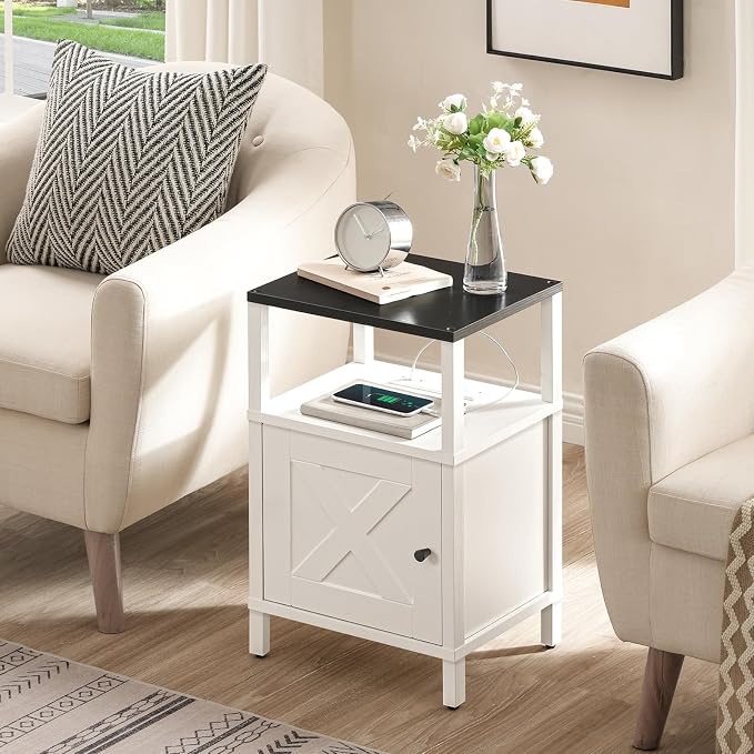 MAHANCRIS Farmhouse Nightstand with Charging Station, Barn Door End Table with USB Ports and Storage Cabinet, Bedside Table for Bedroom, Small Space, White and Black ETBW96E01