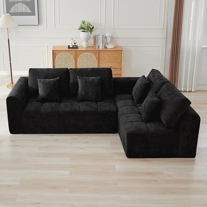 110''Modular Sectional Couches for Living Room, Cloud Boneless Compressed Sofa Right Facing Chaise, Oversized L Shaped 4 Seater Memory Foam Sofa, No Assembly, Chenille Black