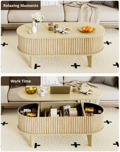 Oval Coffee Table with Lifting Top, 41" Fluted Coffee Table with Storage for Living Room or Home Office, Oak