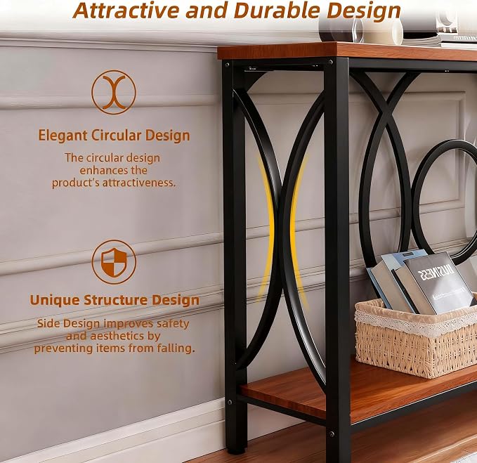 HOMISSUE Sofa Console Table, Rustic Console Table with Faux Marbled Tabletop, Engineered Wood Entryway Tables with 2 Tier Storage, Narrow Sofa Table for Living Room, Hallway (55 Inch, Rustic Brown)