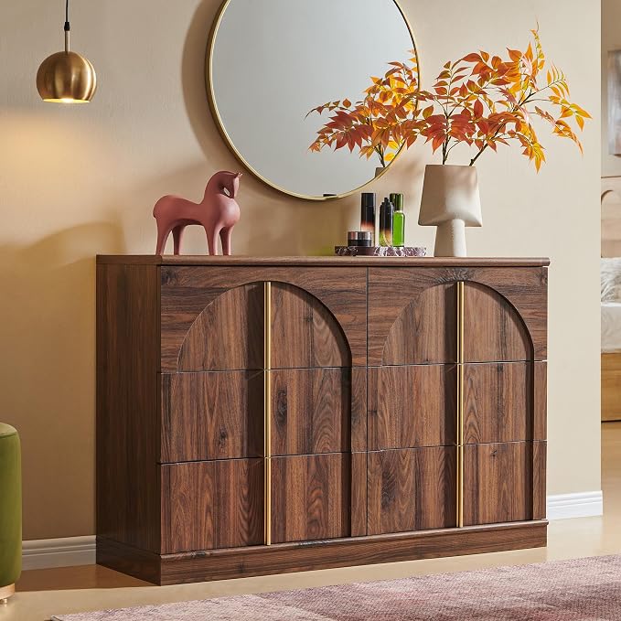 ACCOHOHO Arched Dresser for Bedroom with 6 Drawers, 47.3" Wide Modern Chest of Drawers with Rounded Edge & Metal Handles, Wood Storage Closet Dressers TV Stand for Living Room, Hallway, Brown