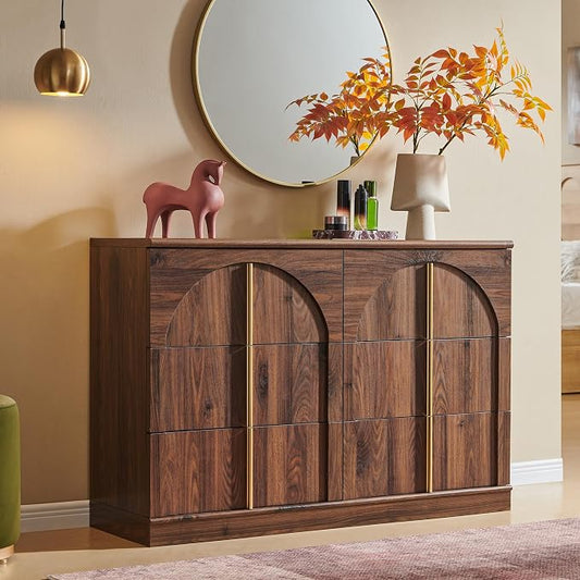 ACCOHOHO Arched Dresser for Bedroom with 6 Drawers, 47.3" Wide Modern Chest of Drawers with Rounded Edge & Metal Handles, Wood Storage Closet Dressers TV Stand for Living Room, Hallway, Brown