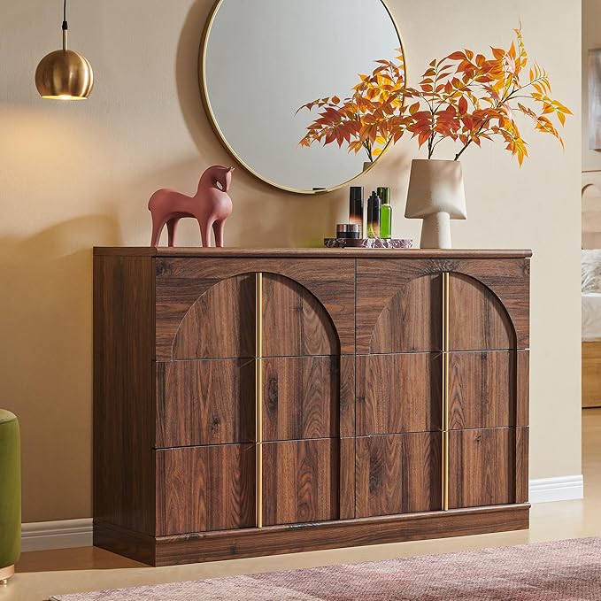 ACCOHOHO 6 Drawers Arched Dresser for Bedroom, 47.3" Wide Modern Chest of Drawers with Rounded Edge & Metal Handles, Hallway, Brown