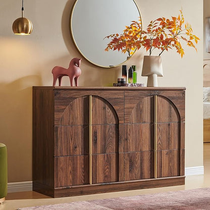 ACCOHOHO 6 Drawers Arched Dresser for Bedroom, 47.3" Wide Modern Chest of Drawers with Rounded Edge & Metal Handles, Hallway, Brown