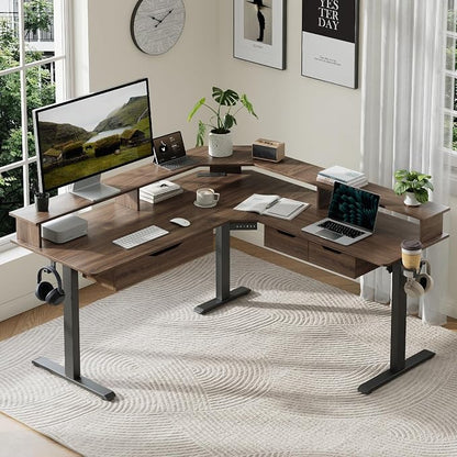MALOL 59" L Shaped Electric Standing Desk with Drawers, Height Adjustable Desk with Power Outlets & LED Lights, Monitor Stand, Corner Computer Desk for Home Office, Walnut