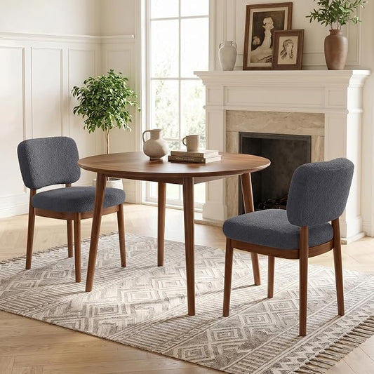 Wooden Dining Chairs Set of 2, Boucle Upholstered Kitchen Chairs with Solid Wood Legs, Mid Century Modern Dining Chairs, Farmhouse Side Chair with Hardwood Frame for Dining Room, Dark Gray