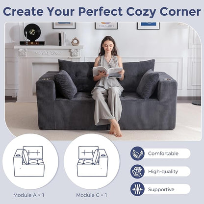 MAXYOYO Modular Sectional Sofa Couch, Loveseat Boneless Cloud Couch for Living Room, Sofa in A Box, Tufted Upholstered Cozy Chair with Cup Holders, No Assembly Required, Grey