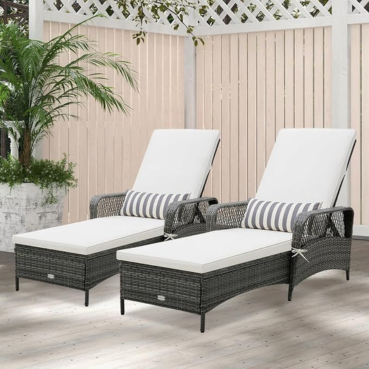 COSTWAY PE Rattan Chaise Lounge Chair, 6 Gear Adjustable Recliner with Armrest & Pillow, Wicker Outdoor Furniture for Deck, Patio (2, Gray)