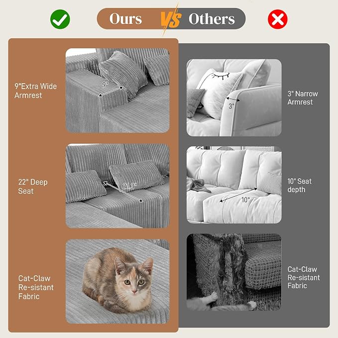 110" L Shaped Cloud Boneless Sectional Couches for Living Room, Modern Comfy Modular Deep Seat Memory Foam Compressed Corduroy Sofa Oversized Left Facing Chaise, No Assembly Required, Grey