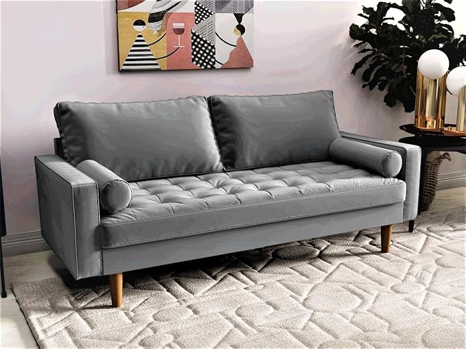 Container Furniture Direct S5457 Mid Century Modern Velvet Upholstered Tufted Living Room Sofa, 69.68", Grey