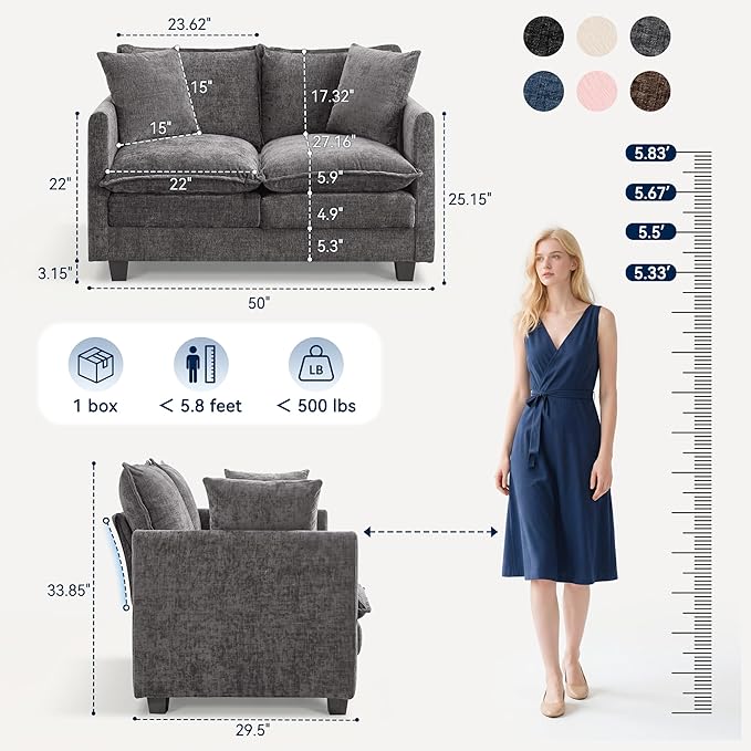 Loveseat Sofa Couch 2 Piece Set, Small Compact 50" Love Seat 27" Deep Cloud Sofa Set Washable Chenille Pillow Living Room Set for Apartment Office 8833-GREY-2+2