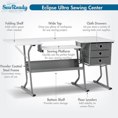 Studio Designs Eclipse Ultra Sewing Machine Craft Table Cabinet, Grey/White