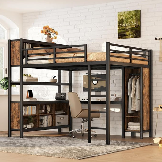 Bellemave Queen Size Loft Bed with Desk, Wardrobe, Storage Cubes and Shelves, Metal Queen Loft Bed Frame for Adults, Kids, Teens, Black and Woodgrain