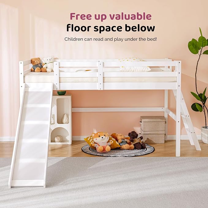 VINGLI Loft Bed with Slide, Twin Space Saving Kids Low Loft with Guardrail and Ladder, Pine Wood and Sturdy Single Bed Frame for Boys and Girls, White