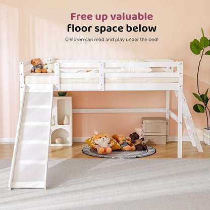 VINGLI Loft Bed with Slide, Twin Space Saving Kids Low Loft with Guardrail and Ladder, Pine Wood and Sturdy Single Bed Frame for Boys and Girls, White