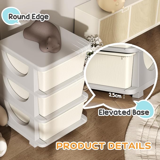 Qaba 3 Drawers Kids Storage Unit, 3 Tier Stackable Toy Organizers and Storage Chest for Bedroom, Nursery, Playroom, Living Room, Boys, Girls, Toddlers, Cream White