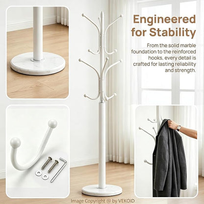 12 Hooks Metal Coat Rack Freestanding Coat Tree with Marble Base, Heavy Duty Coat Rack Stand for Clothes Hats Bags, Coat Hanger Stand for Corner Entryway Bedroom Office (White)