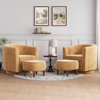 Swivel Accent Chair with Storage Ottoman Set of 2, Small Modern Velvet Barrel Chair, Upholstered Armchair with Footrest for Living Room/Reading/Bedroom, 24.8'' D x 25.38'' W x 25.6'' H, Yellow