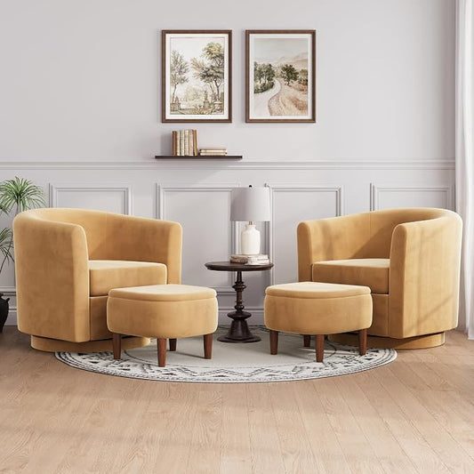 Swivel Accent Chair with Storage Ottoman Set of 2, Small Modern Velvet Barrel Chair, Upholstered Armchair with Footrest for Living Room/Reading/Bedroom, 24.8'' D x 25.38'' W x 25.6'' H, Yellow