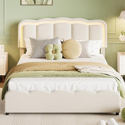 Garvee Queen Size Bed Frame with 2 Storage Drawers and LED Lights, Upholstered Platform Queen Bed with Adjustable Headboard, Wooden Slats Support, No Box Spring Needed, Easy Assembly, White