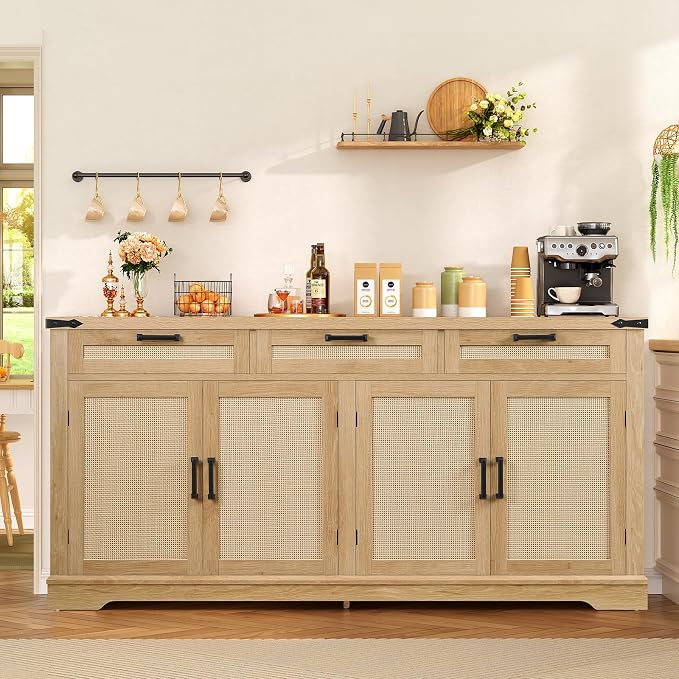 usikey 61” Large Buffet Cabinet with Storage, Sideboard Cabinet with 4 Doors and 3 Drawers, Farmhouse Buffet Table, Dining Room Storage Cabinet for Kitchen or Living Room, Natural