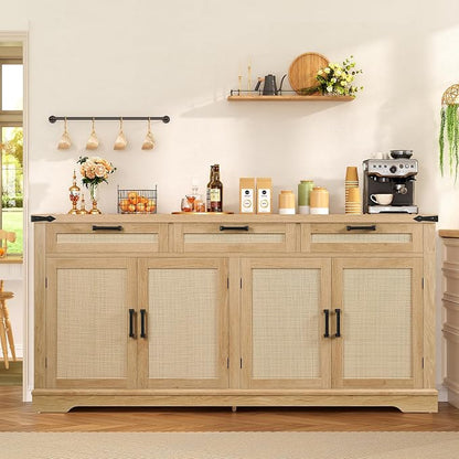 usikey 61” Large Buffet Cabinet with Storage, Sideboard Cabinet with 4 Doors and 3 Drawers, Farmhouse Buffet Table, Dining Room Storage Cabinet for Kitchen or Living Room, Natural