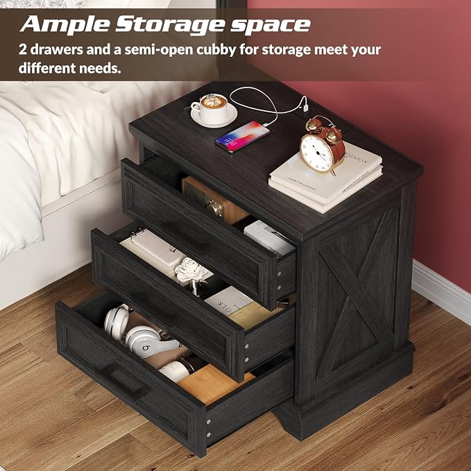 knoworld 24 Inch Wide Farmhouse Nightstands Set of 2 with Charging Station, Dark Gray Nightstand with 3 Large Drawers, Rustic Wood End Table for Bedroom