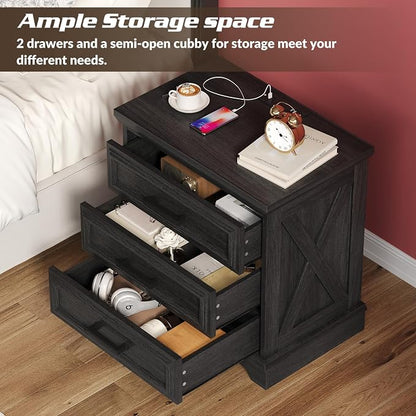 knoworld 24 Inch Wide Farmhouse Nightstands Set of 2 with Charging Station, Dark Gray Nightstand with 3 Large Drawers, Rustic Wood End Table for Bedroom