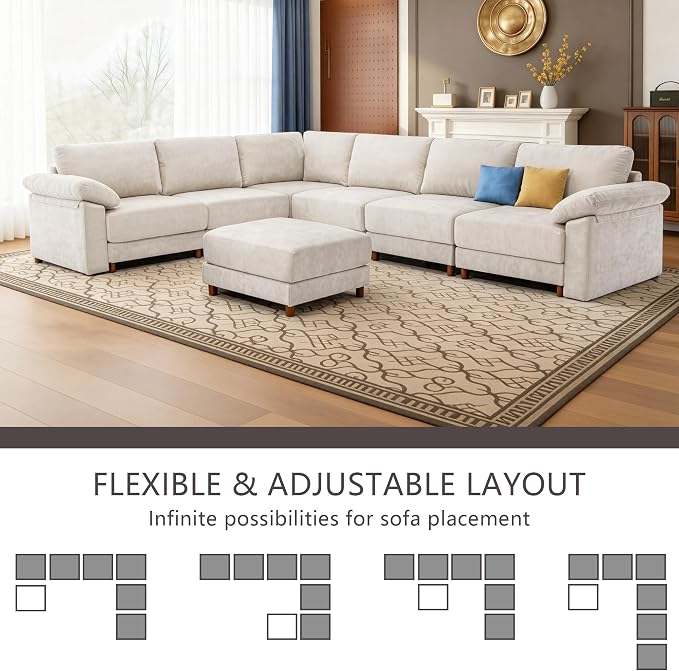 Oversized Modular Cloud Couch with Removable Washable Cover, L/V-Shaped Sectional for Large Living Room, Plush Chenille & Deep Seat（Beige）
