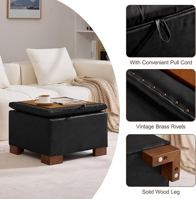 WUTUTUEE 24" Faux Leather Square Storage Ottoman with Wooden Tray, Modern Tufted Button Footstool Coffee Table, Upholstered Small Ottoman for Living Room, Bedroom, Black