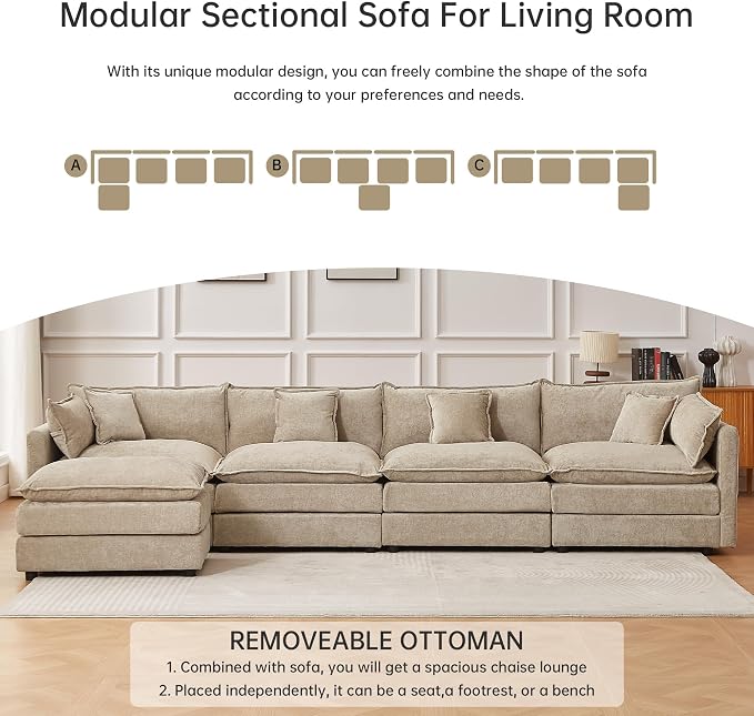 Modular Sectional Sofa, 147.2 Inch L Shaped Couch Set with Armrests, 4-Seater Comfy Cloud Couches with Movable Ottoman for Living Room Apartment, Coffee