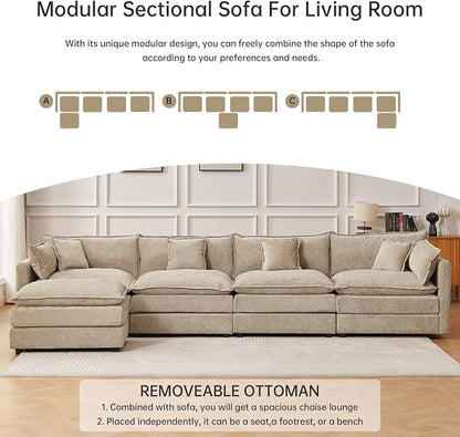 Modular Sectional Sofa, 147.2 Inch L Shaped Couch Set with Armrests, 4-Seater Comfy Cloud Couches with Movable Ottoman for Living Room Apartment, Coffee