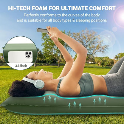 Elegear CumbreX™ Self Inflating Sleeping Pad, Built-in Electric Pump 3.15" Ultra-Thick Memory Foam Camping Mattress with Pillow Sleeping Pad for Camping R-Value 9.5 Foam Camping Pad Army Green Single