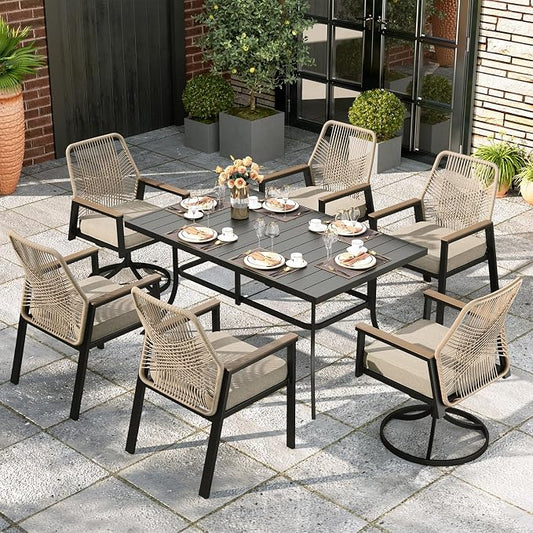 MIXPATIO 7 Pieces Outdoor Patio Dining Set, Rectangular Metal Patio Table with Umbrella Hole, 2 Swivel and 4 Fixed Chairs with 3.2" Cushion for Yard, Porch, Beige