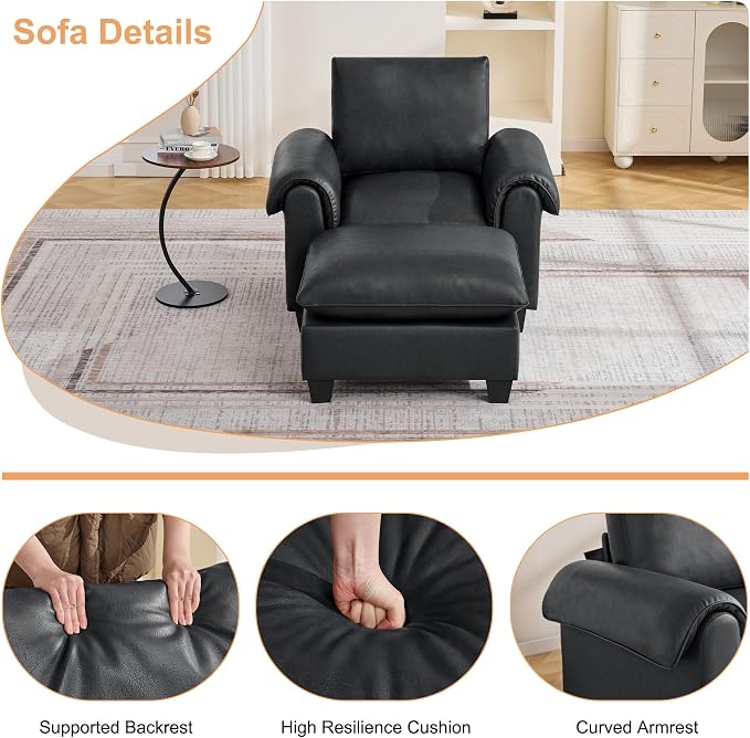 44.5" Faux Leather Single Sofa with Movable Ottoman, Oversized Accent Chair with Curved Armrests, Cloud Modern Sofa Upholstered Reading Lounge Armchair for Living Room, Bedroom，Black