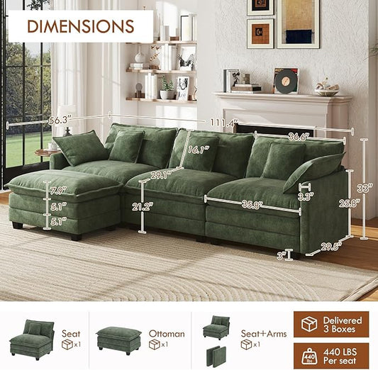 WorthFurni 111.4” Cloud Couch Modular Sectional Sofa with Ottoman, Comfy Modern 3-Seater Couches with Pillows & Upholstered Deep Seat Cushion for Apartment Living Room Bedroom (Green)