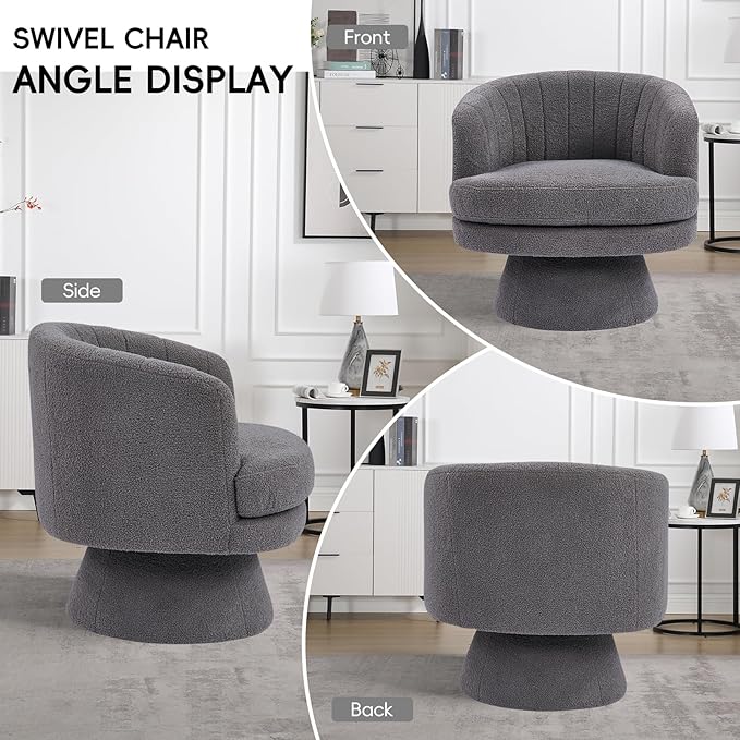 CANMOV Swivel Accent Chair with Armrest, Modern 360 Degree Swivel Barrel Chair with Curve Back and Soft Cushion,Comfy Round Sherpa Teddy Armchair Single Sofa for Living Room,Bedroom, Dark Grey