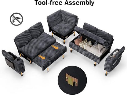 Vipbear 86" Modular Sectional Sleeper Sofa with Pull Out Bed, 5 Seat Plush Corduroy L Shaped Couch with Storage Seat|USB Ports|Cup Holders|Side Table|Storage Armrests, Tool Free Assembly, Grey
