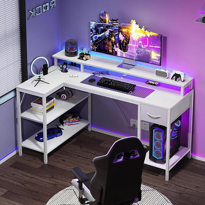 DUMOS 47” Gaming Desk with USB Charging Ports & LED Lights for Home Office Small Space, Reversible L Shaped Desks Computer Corner Gamer Table with Power Outlets Monitor Stand Storage Shelves, White
