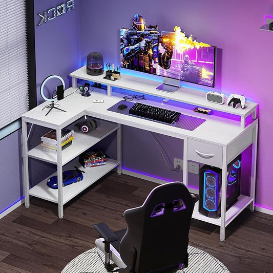 DUMOS 47” Gaming Desk with USB Charging Ports & LED Lights for Home Office Small Space, Reversible L Shaped Desks Computer Corner Gamer Table with Power Outlets Monitor Stand Storage Shelves, White