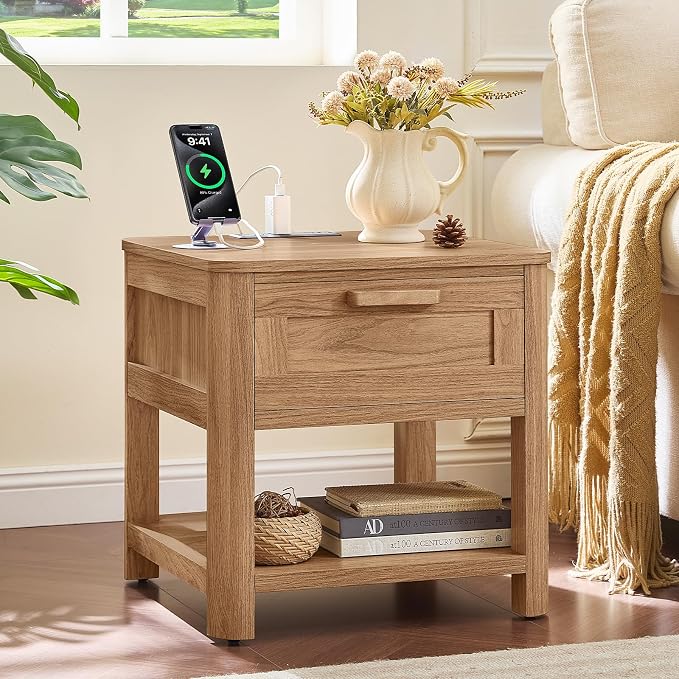 Joaxswe Farmhouse Night Stand with Charging Station, Wood Bed Side Table with Drawer & Open Storage Shelf for Bedroom, Brown