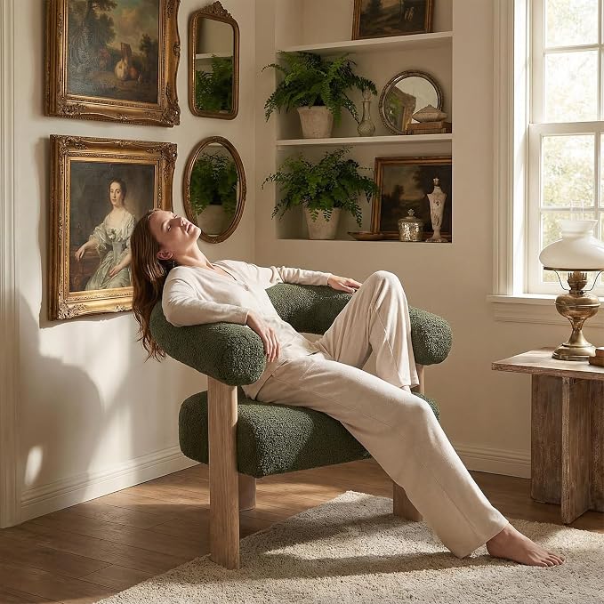 VKNOW Accent Chair Living Room Chair, Modern Upholstered Arm Chair with Solid Wood Legs, Comfy Barrel Accent Chair for Living Room, Bedroom, Green