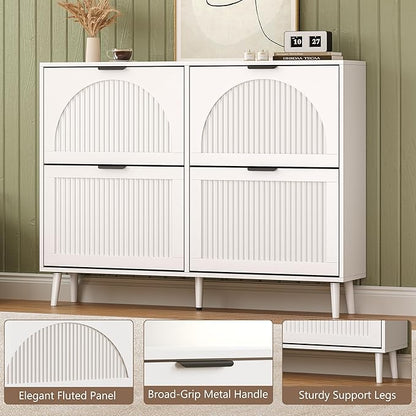 BORNOON Shoe Cabinet for Entryway with 4 Flip Drawers, Slim Wooden Shoe Storage Organizer with Modern Fluted Pannel，Freestanding Narrow Hidden Shoe Rack for Hallway, Foyer, Living Room